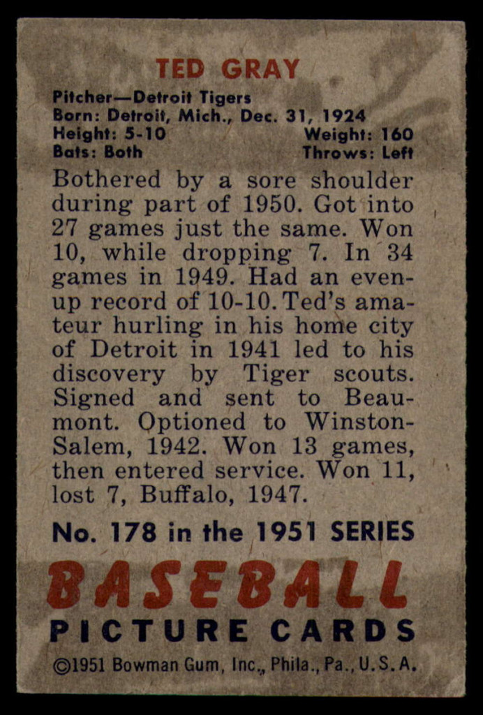 1951 Bowman #178 Ted Gray VG  ID: 92246