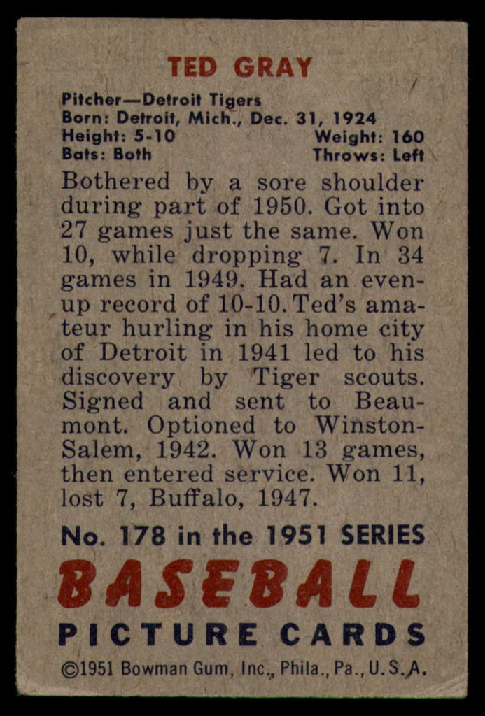 1951 Bowman #178 Ted Gray VG  ID: 92247