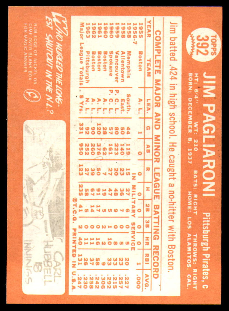 1964 Topps #392 Jim Pagliaroni NM Near Mint  ID: 97629