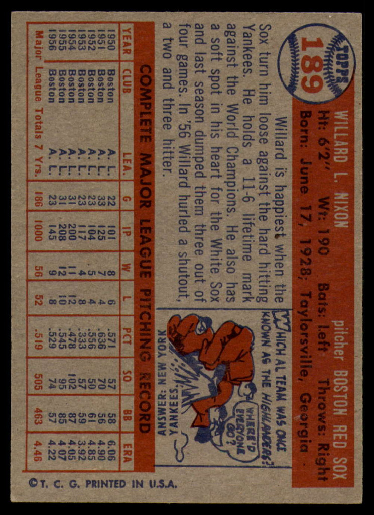 1957 Topps #189 Willard Nixon EX/NM ID: 61033