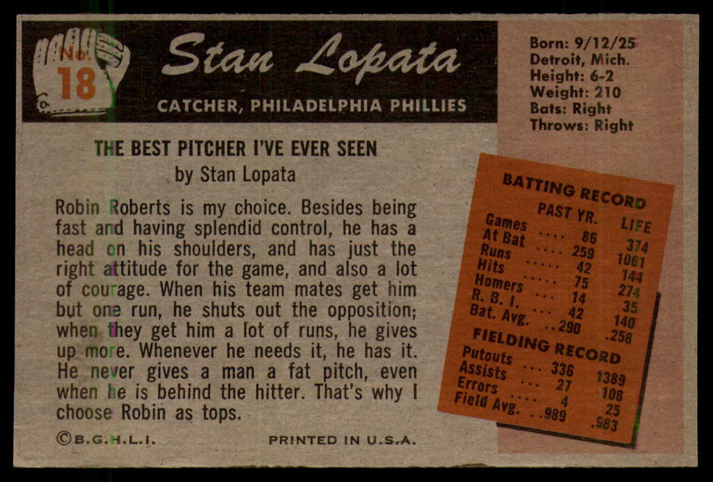 1955 Bowman #18 Stan Lopata EX++