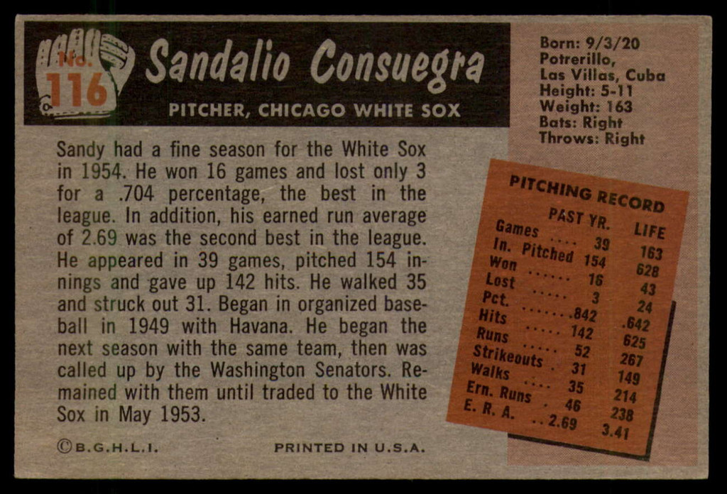 1955 Bowman #116 Sandy Consuegra EX++