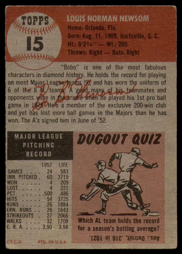 1953 Topps #15 Bobo Newsom DP VG RC Rookie ID: 65157