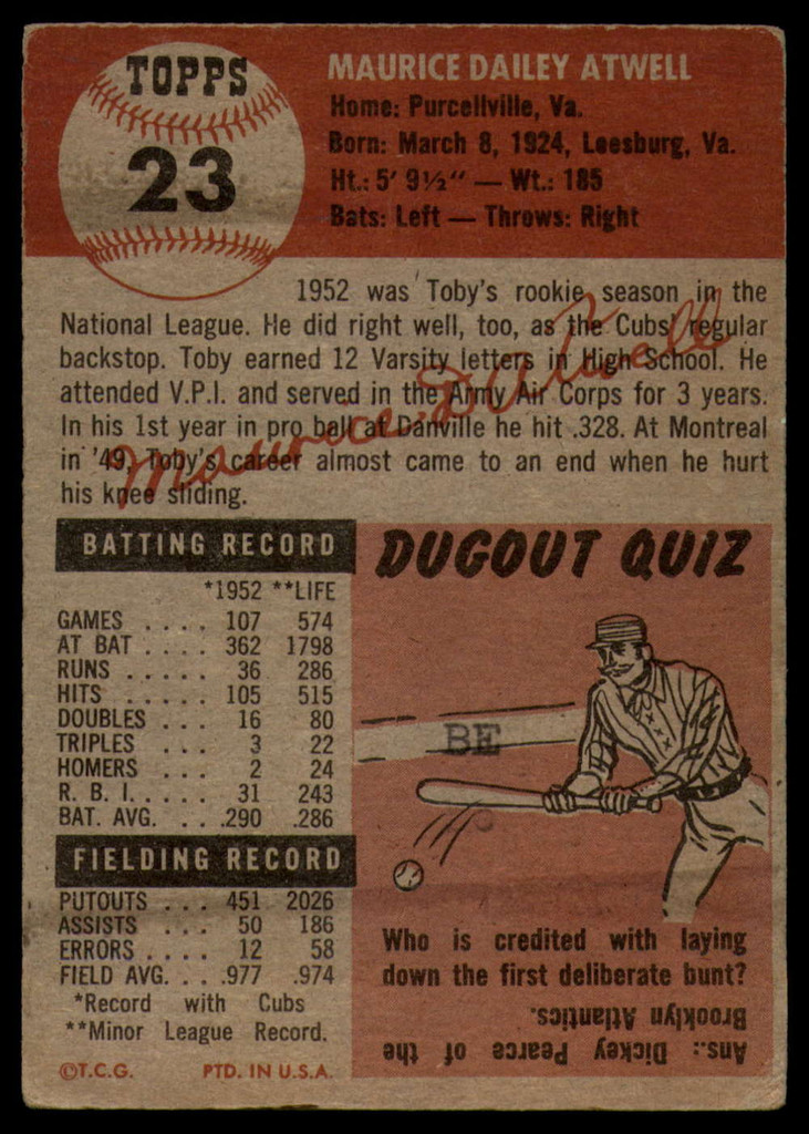 1953 Topps #23 Toby Atwell DP EX ID: 65168