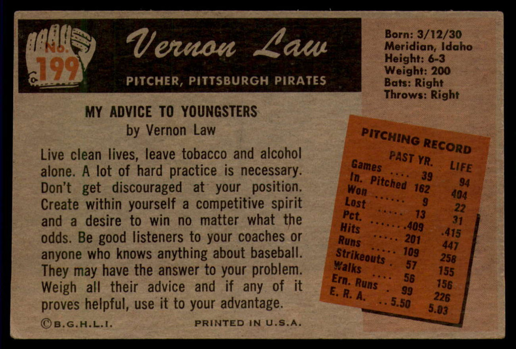 1955 Bowman #199 Vern Law EX++ ID: 57759