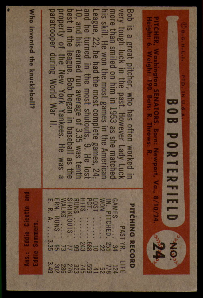 1954 Bowman #24 Bob Porterfield EX++ ID: 55975