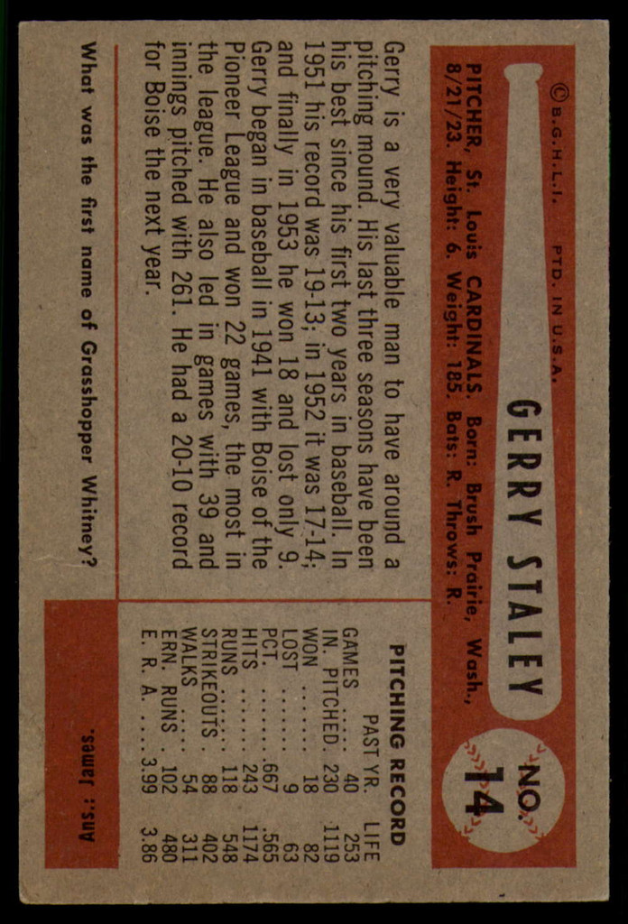 1954 Bowman #14 Jerry Staley EX++ ID: 53945