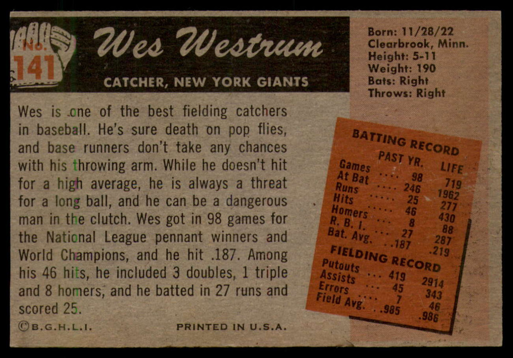 1955 Bowman #141 Wes Westrum EX++ ID: 57547