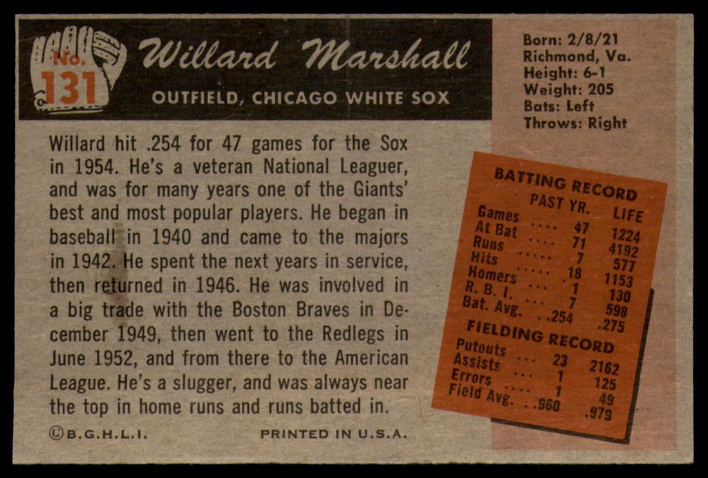 1955 Bowman #131 Willard Marshall EX/NM 