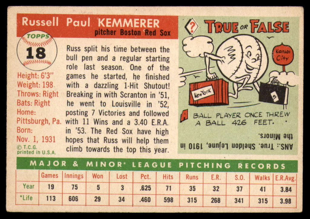 1955 Topps #18 Russ Kemmerer EX++ RC Rookie ID: 85484