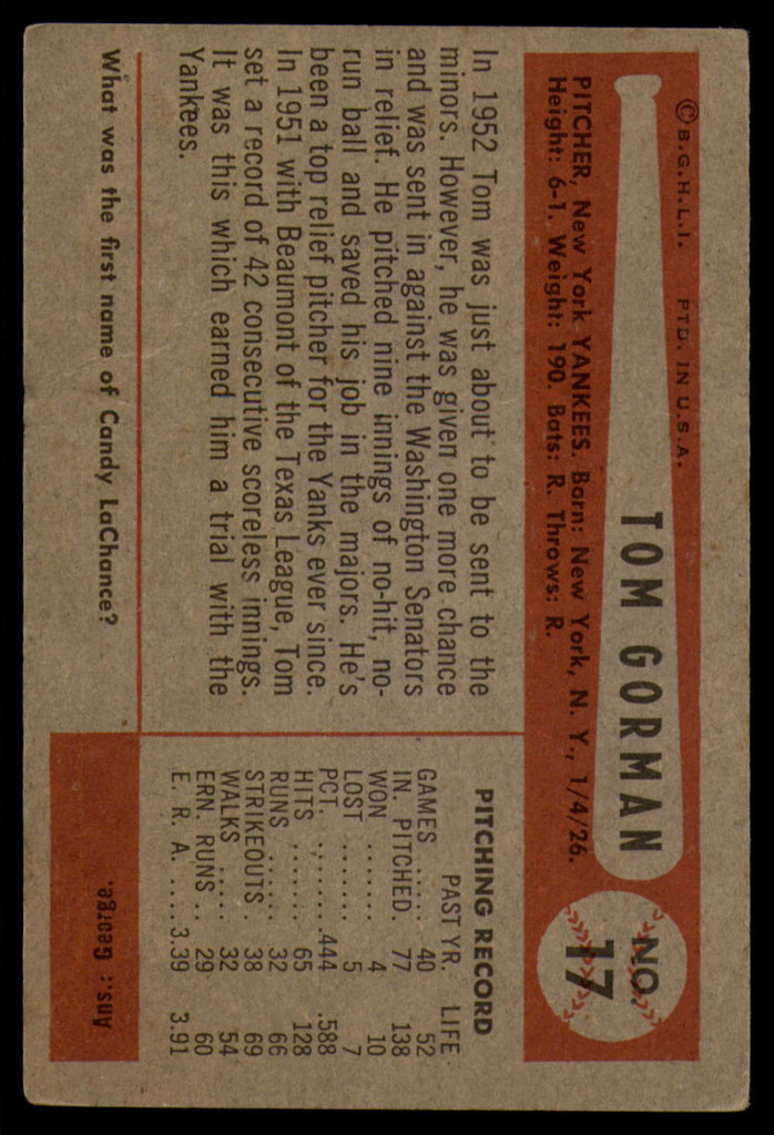 1954 Bowman #17 Tom Gorman EX ID: 80109