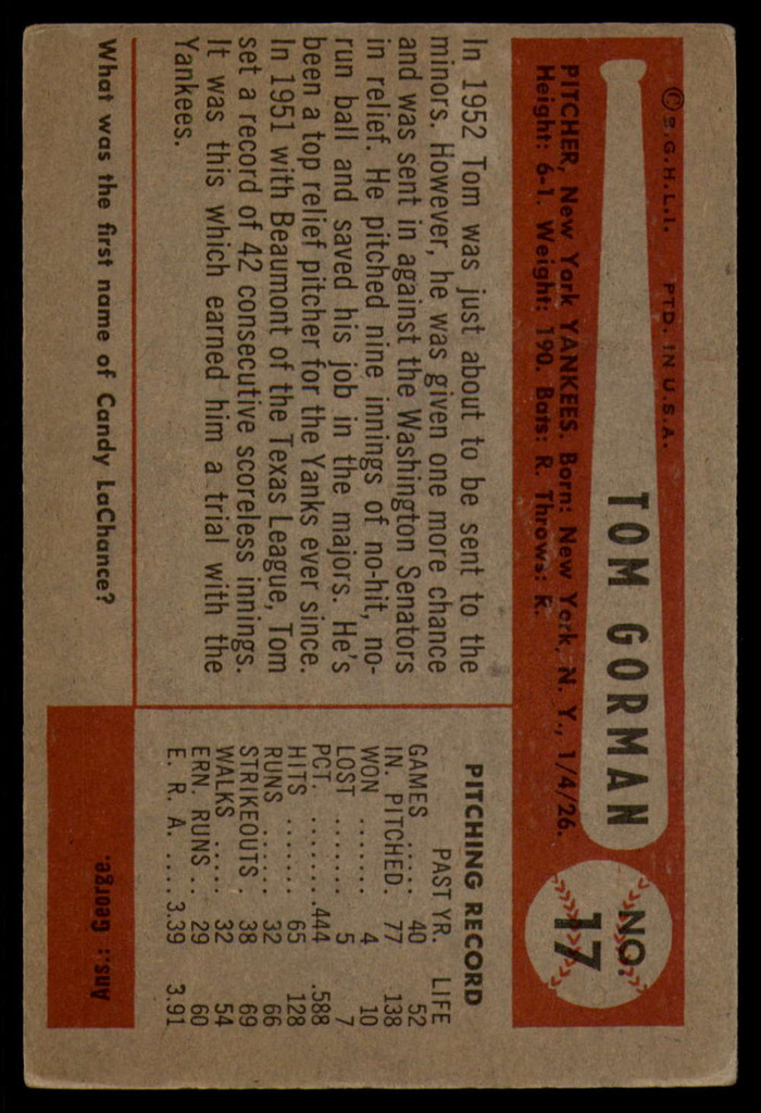 1954 Bowman #17 Tom Gorman EX ID: 80111