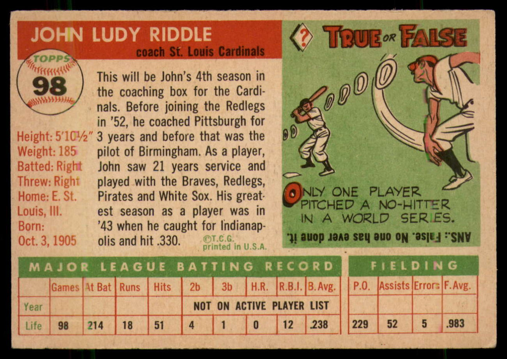 1955 Topps #98 Johnny Riddle CO EX++ ID: 56830