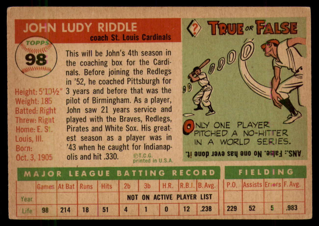 1955 Topps #98 Johnny Riddle CO EX++ ID: 56831