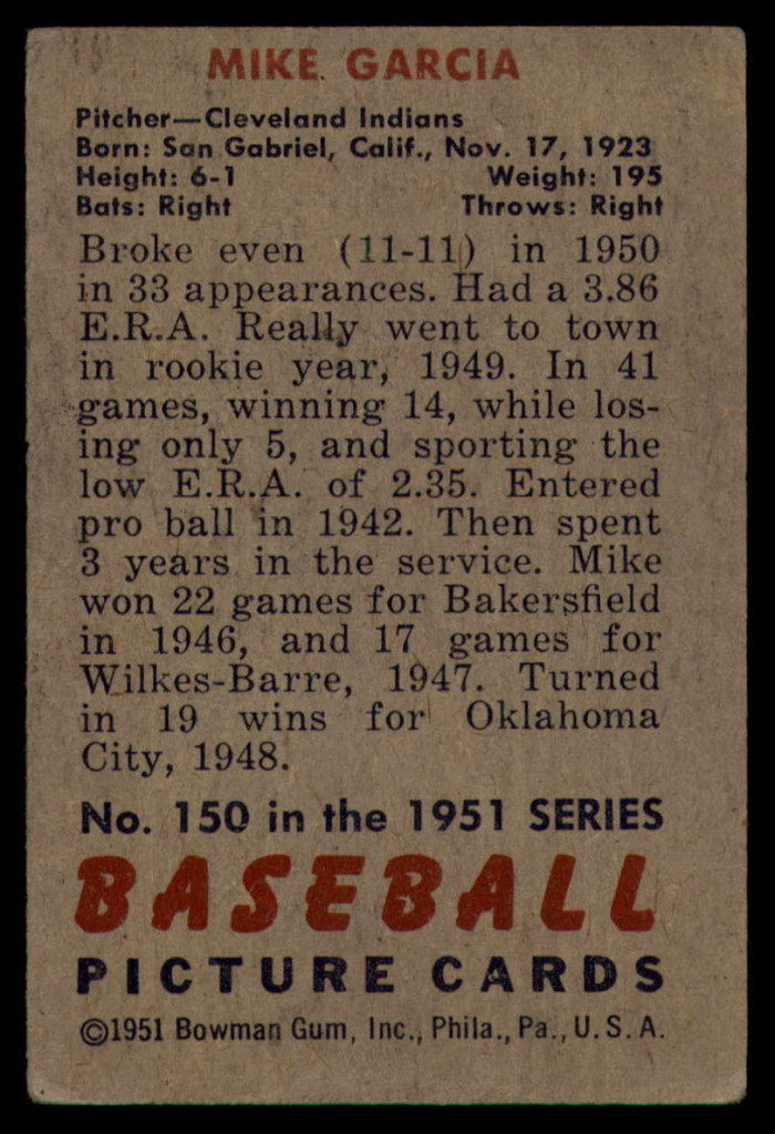 1951 Bowman #150 Mike Garcia VG