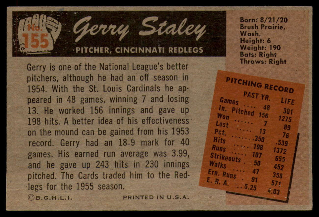 1955 Bowman #155 Jerry Staley EX++ Excellent++ 