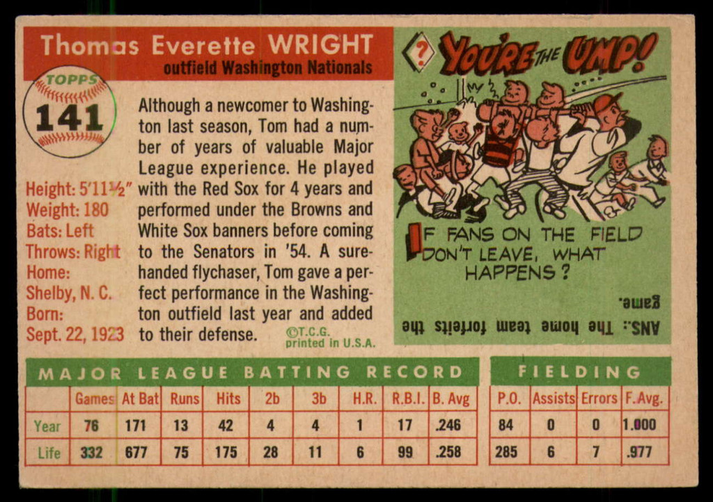 1955 Topps #141 Tom Wright EX ID: 57095