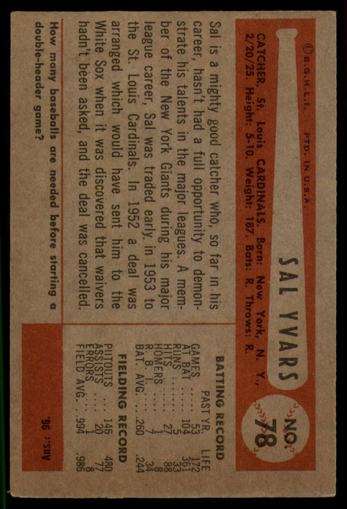 1954 Bowman #78 Sal Yvars EX