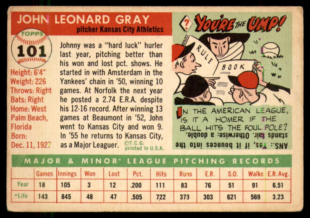 1955 Topps #101 Johnny Gray EX RC Rookie ID: 56849