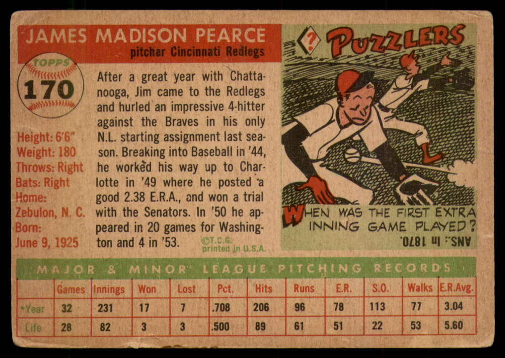 1955 Topps #170 Jim Pearce DP G/VG RC Rookie