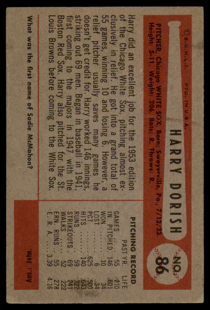 1954 Bowman #86 Harry Dorish EX