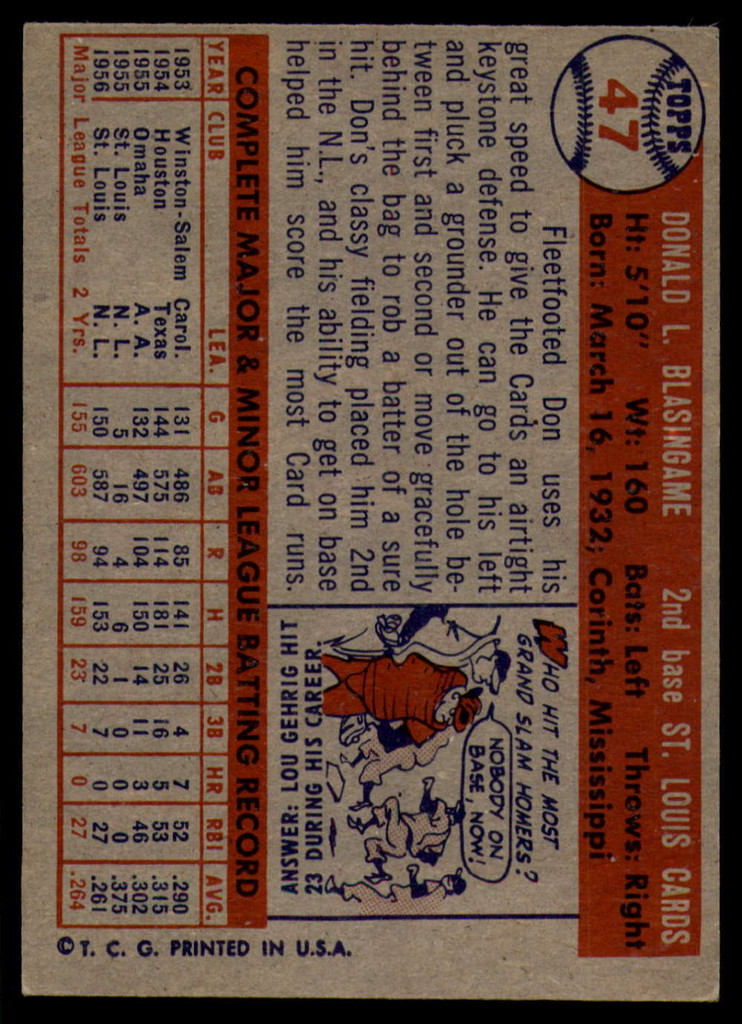 1957 Topps #47 Don Blasingame EX++ ID: 59942
