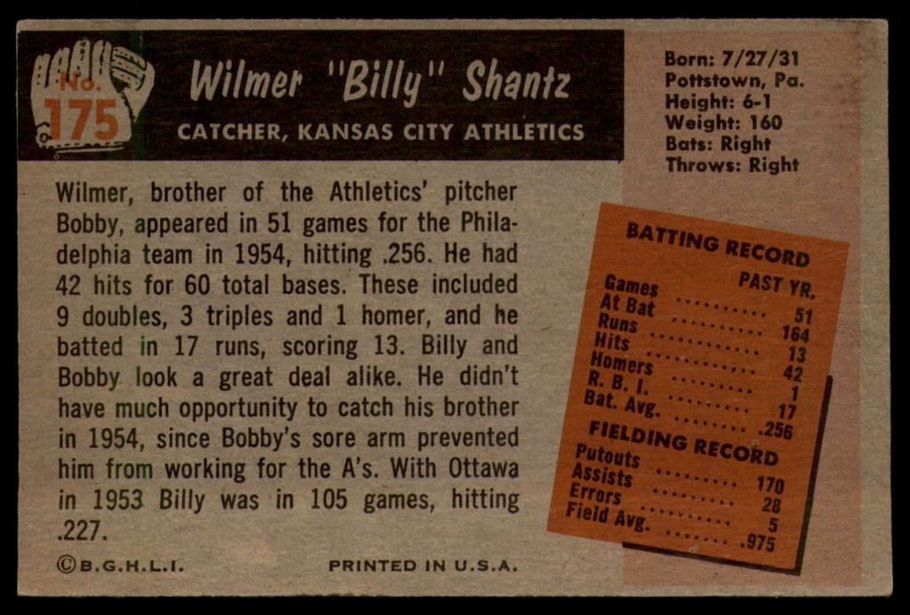 1955 Bowman #175 Billy Shantz EX RC Rookie ID: 57653