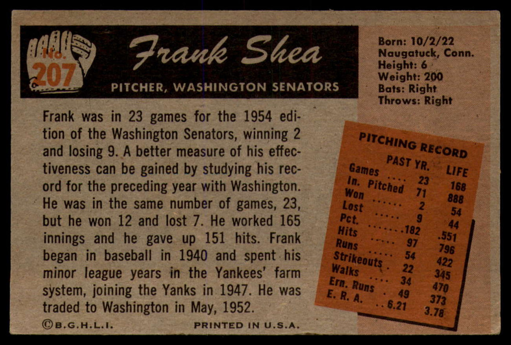 1955 Bowman #207 Spec Shea EX++ Excellent++  ID: 94011