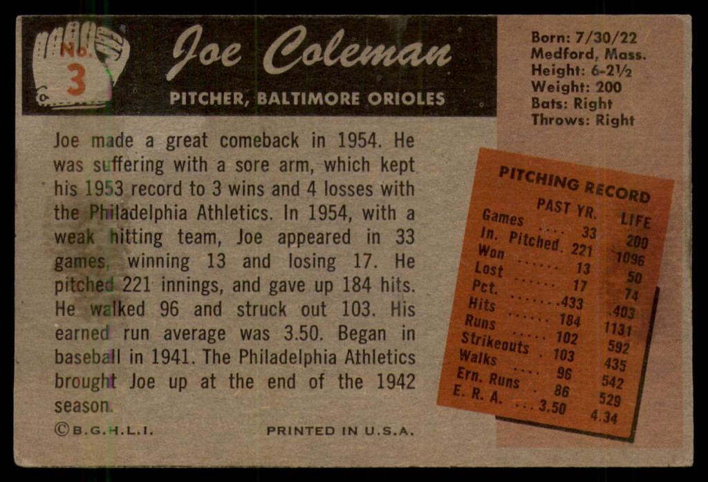 1955 Bowman #3 Joe Coleman EX ID: 57159