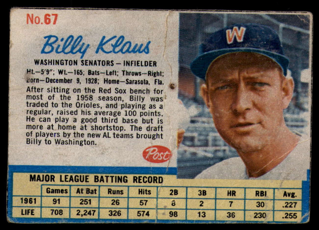1962 Post Cereal #67 Billy Klaus G-VG  ID: 144230