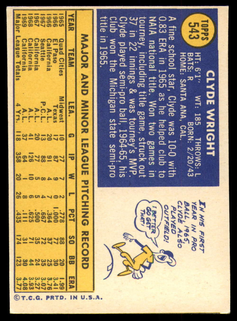 1970 Topps #543 Clyde Wright EX++ Excellent++ 