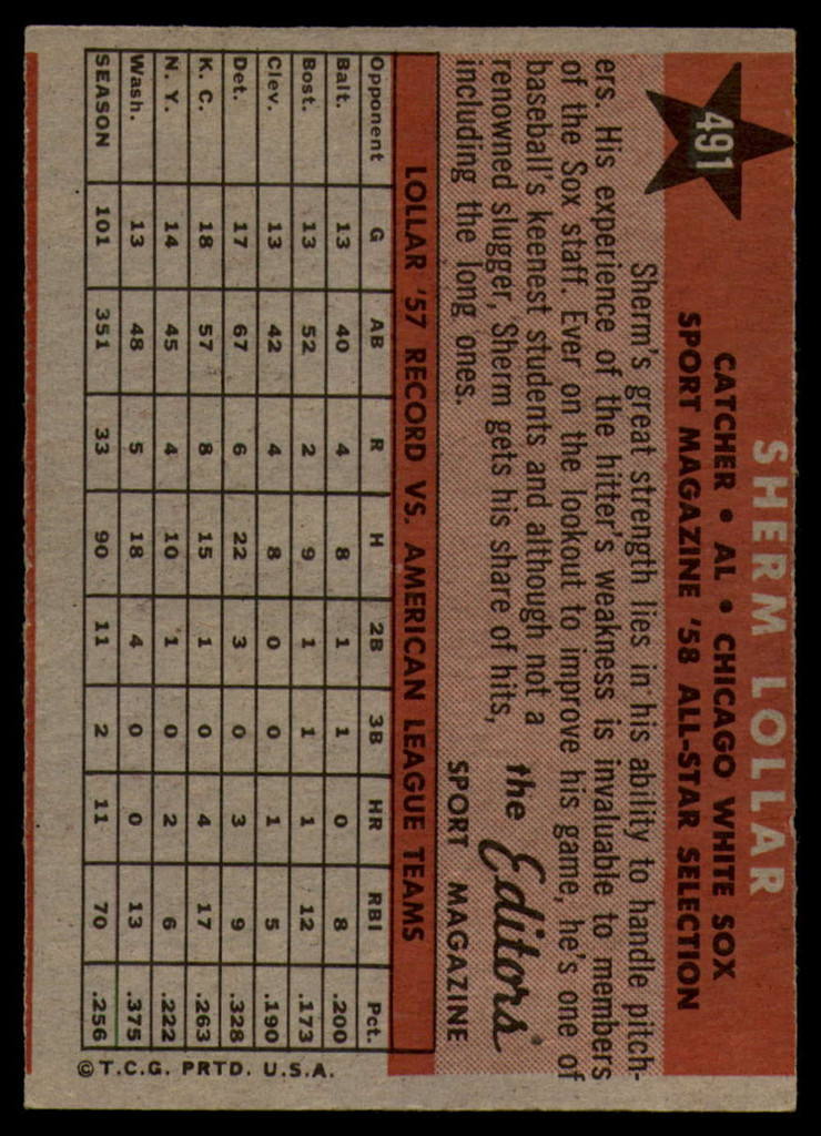 1958 Topps #491 Sherm Lollar AS EX