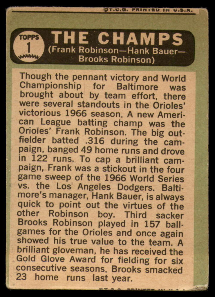 1967 Topps #   1 Frank Robinson/Hank Bauer/Brooks Robinson The Champs DP G/VG 