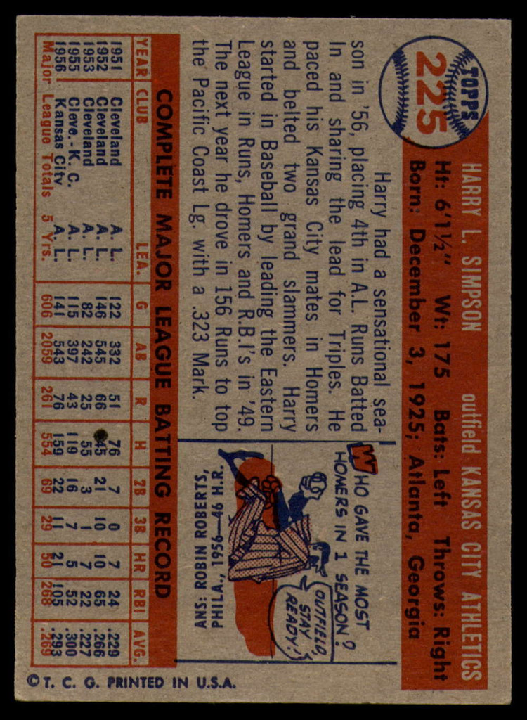 1957 Topps #225 Harry Simpson EX/NM ID: 61286