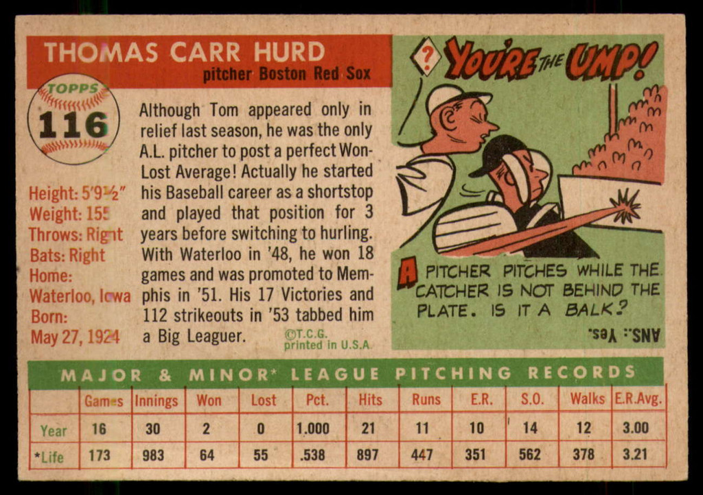 1955 Topps #116 Tom Hurd EX RC Rookie ID: 56938