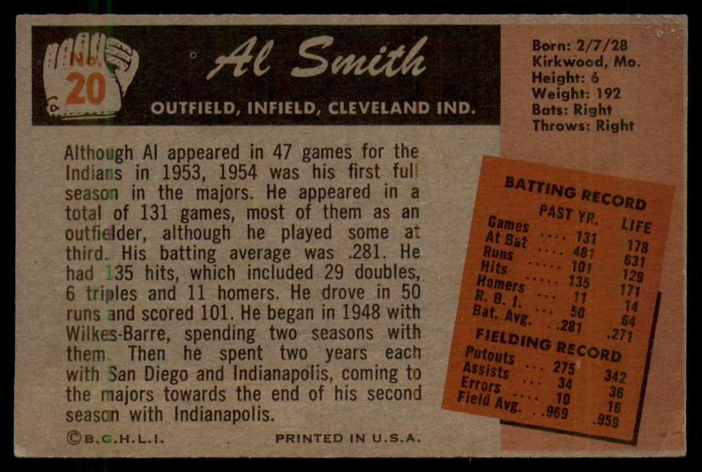 1955 Bowman #20 Al Smith EX