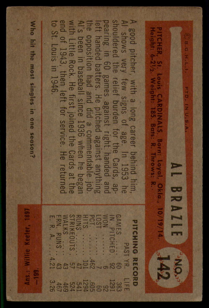1954 Bowman #142 Al Brazle EX