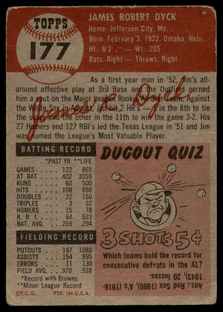 1953 Topps #177 Jim Dyck G/VG RC Rookie ID: 77439