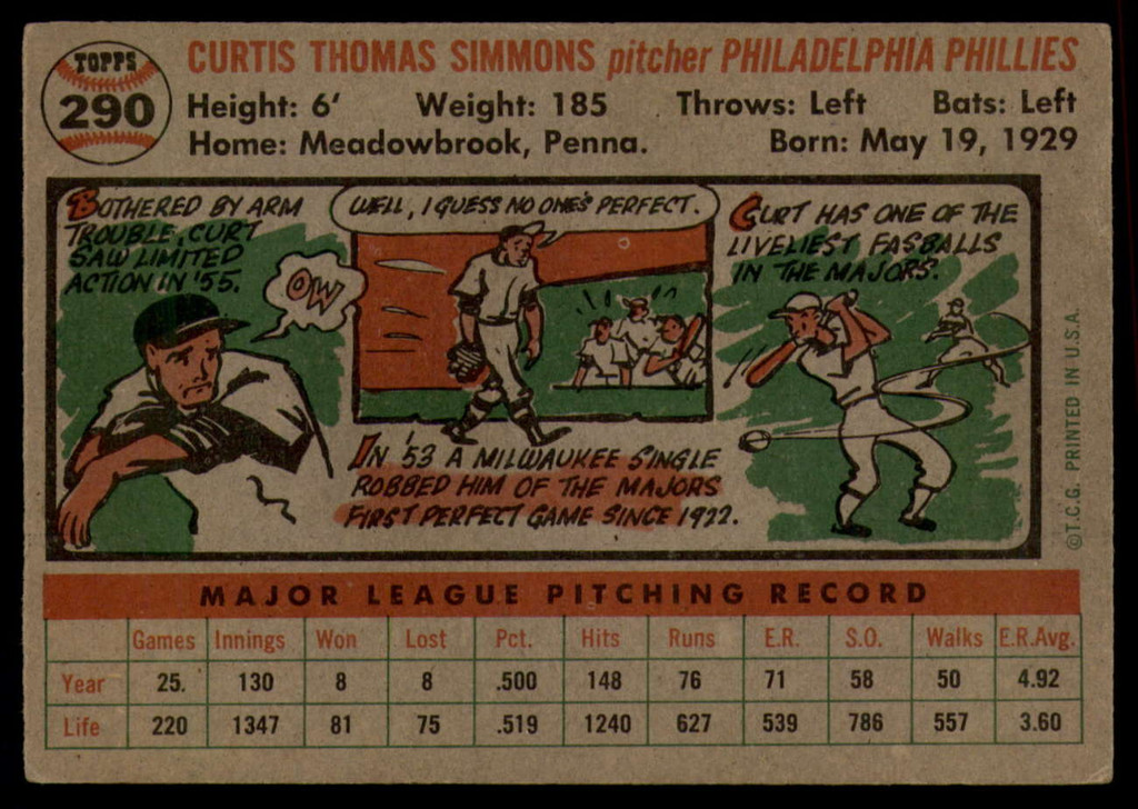 1956 Topps #290 Curt Simmons EX ID: 59520