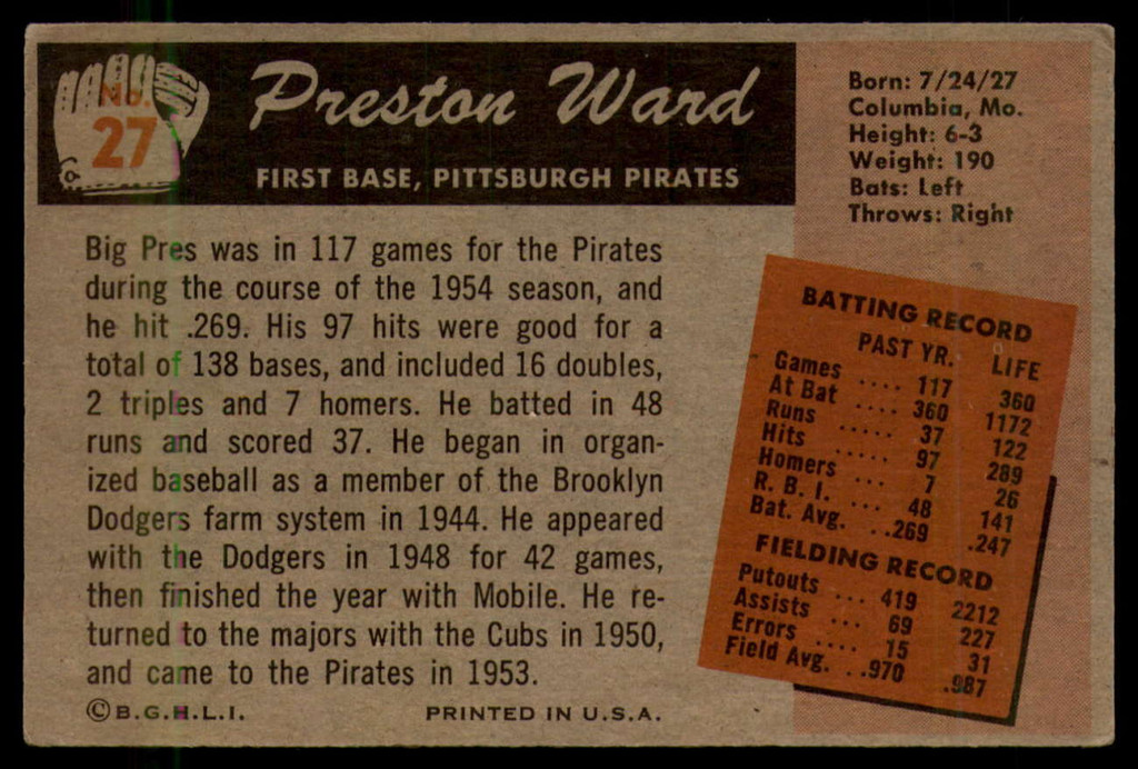 1955 Bowman #27 Preston Ward EX ID: 57217
