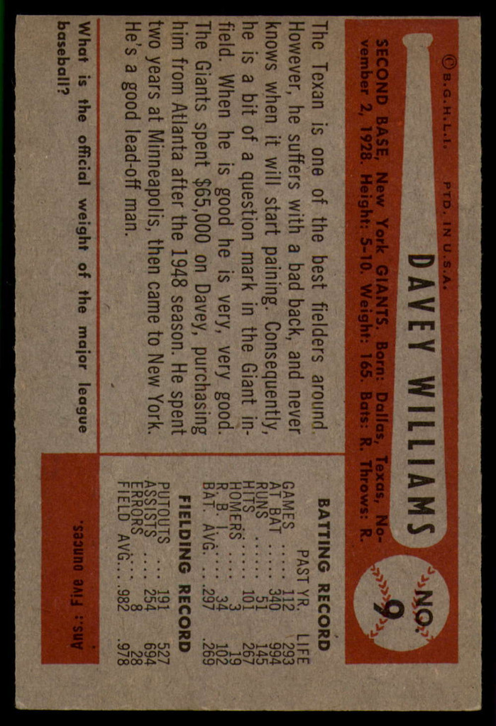 1954 Bowman #9 Dave Williams EX