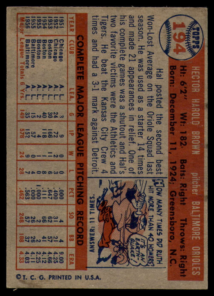 1957 Topps #194 Hal Brown EX/NM ID: 61075