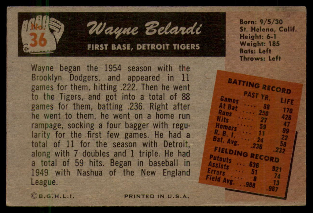 1955 Bowman #36 Wayne Belardi EX RC Rookie