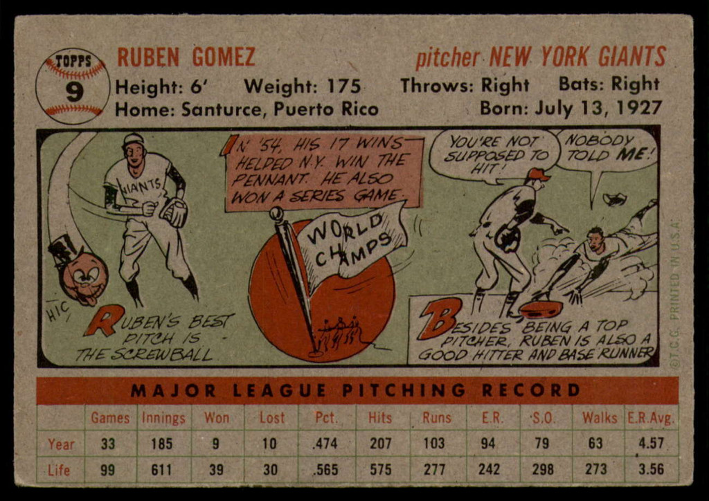 1956 Topps #9 Ruben Gomez DP EX++ ID: 58010