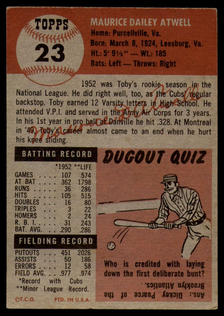 1953 Topps #23 Toby Atwell DP VG/EX