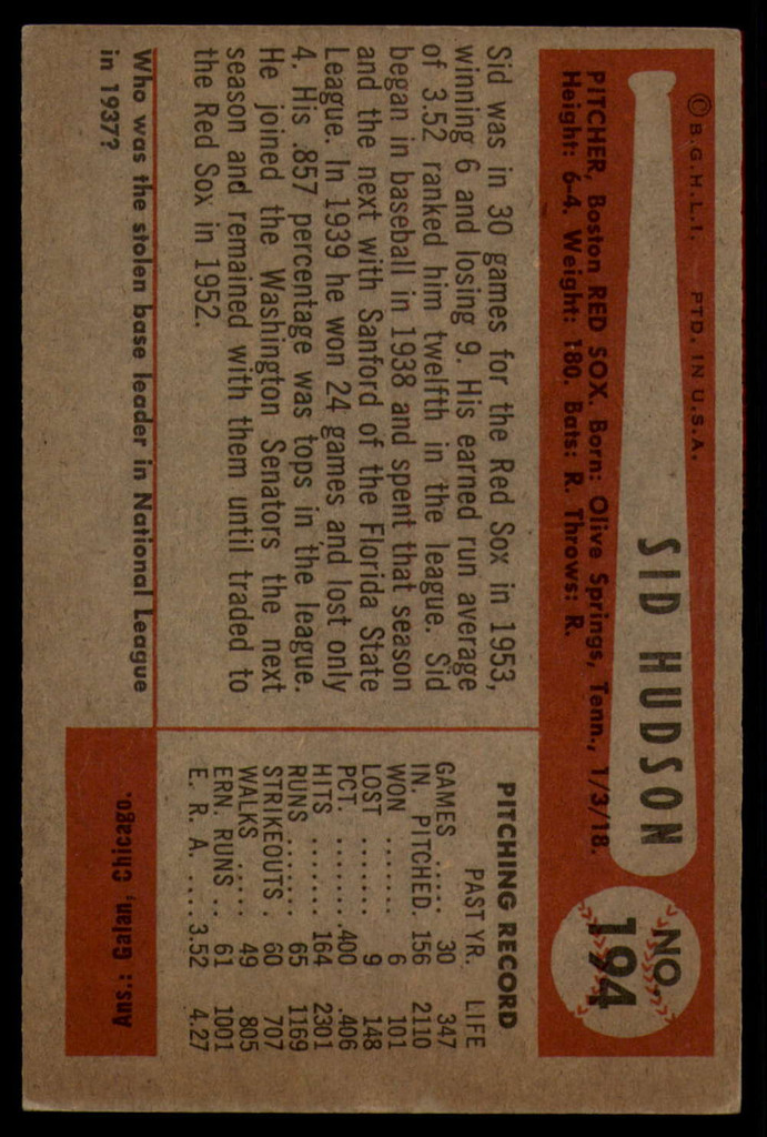 1954 Bowman #194 Sid Hudson EX ID: 56246