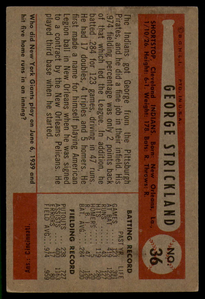 1954 Bowman #36 George Strickland EX