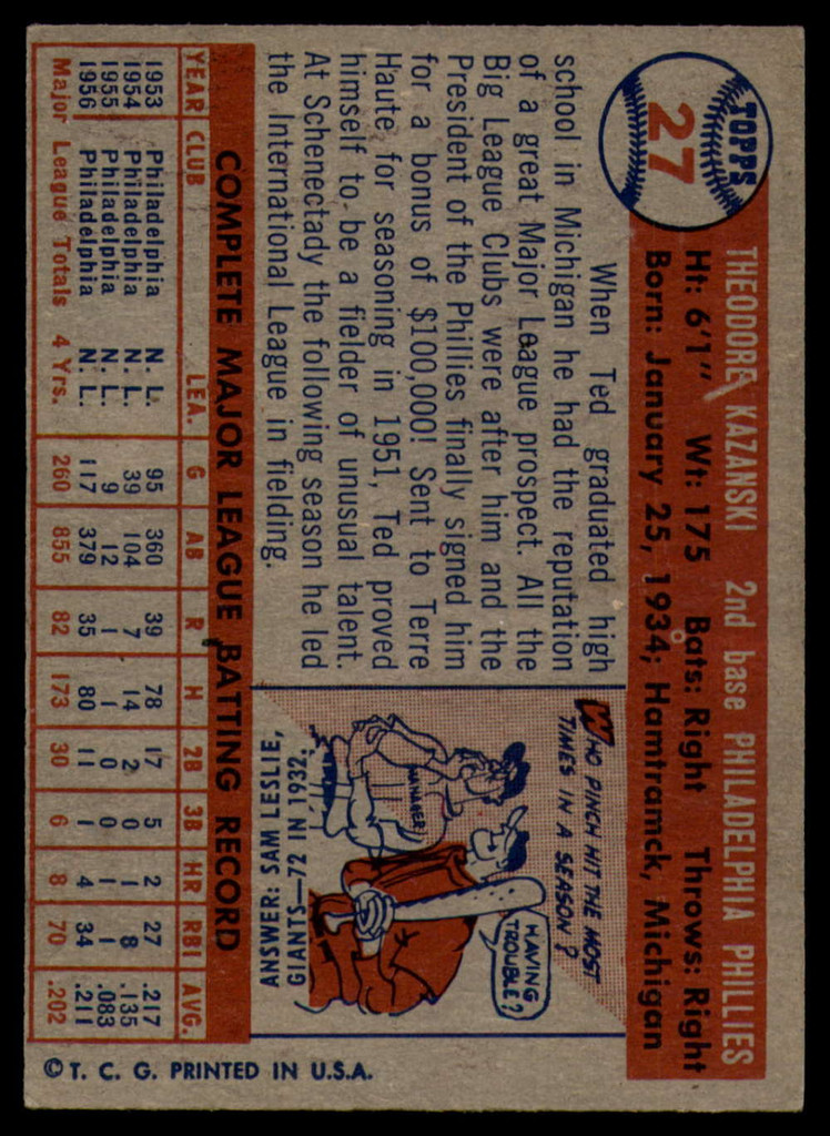 1957 Topps #27 Ted Kazanski EX++ ID: 59864