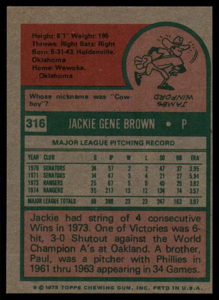 1975 Topps #316 Jackie Brown NM-Mint  ID: 181842