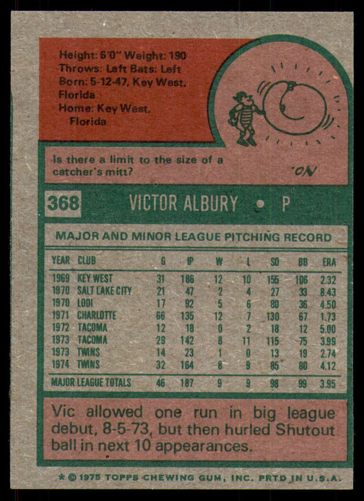 1975 Topps #368 Vic Albury NM-Mint  ID: 190897
